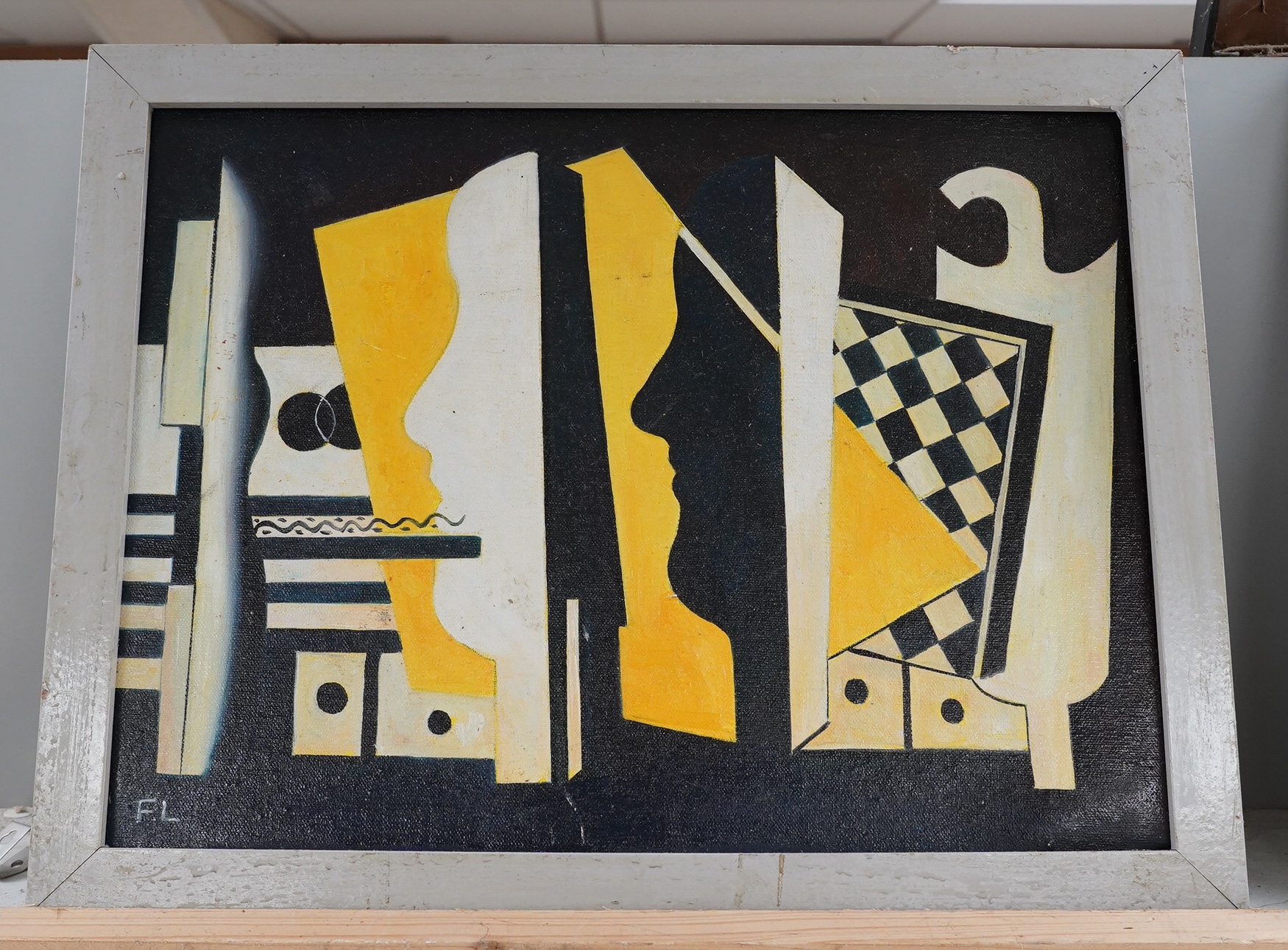 A decorative, Cubist style oil on board, Figures and geometric shapes, 29 x 39cm. Condition - good